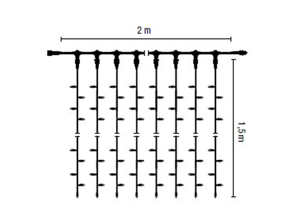 MK Illumination Drape Lite® QF+ – LED-Lichtervorhang 2 m breit | 300 · 600 · 1.200 LED, auch Flashing – Drape Lite® Classic · 300 LED · 2 × 1,5 m · Warmweiß · weißes Kabel (019-329) – Maßzeichnung