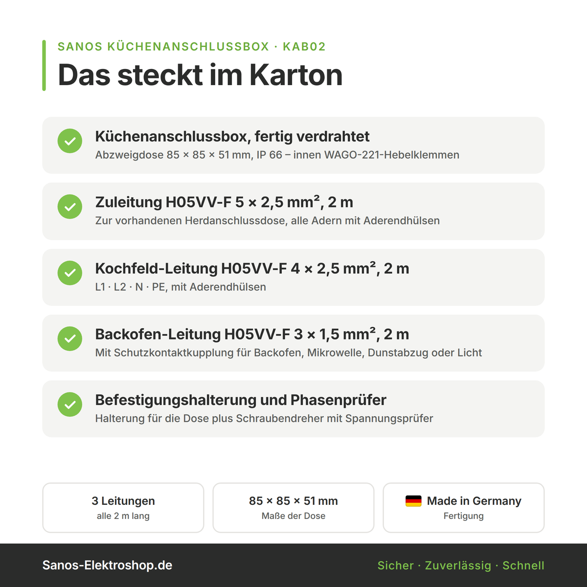 Küchenanschlussbox, Splitter-Box mit 2m Kabel - Küchenanschlussverteiler 3-fach für Kochfeld & Backofen