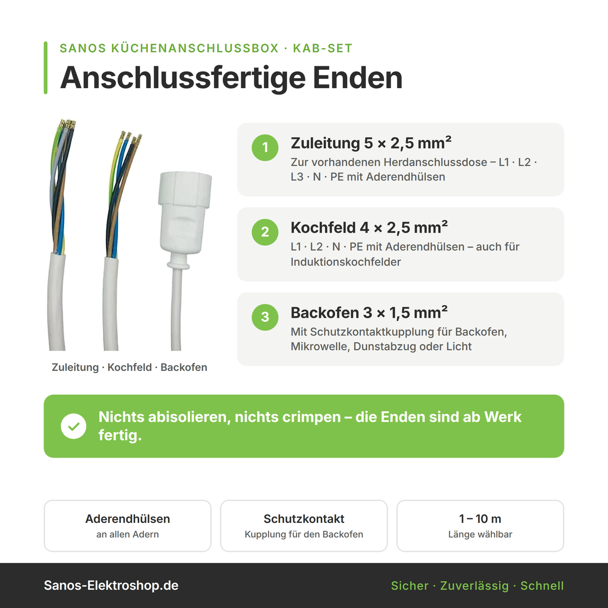 Küchenanschlussbox-Set, Splitter-Box mit 1/2/3/5/10m Kabel - Küchenanschlussverteiler 3-fach für Kochfeld & Backofen