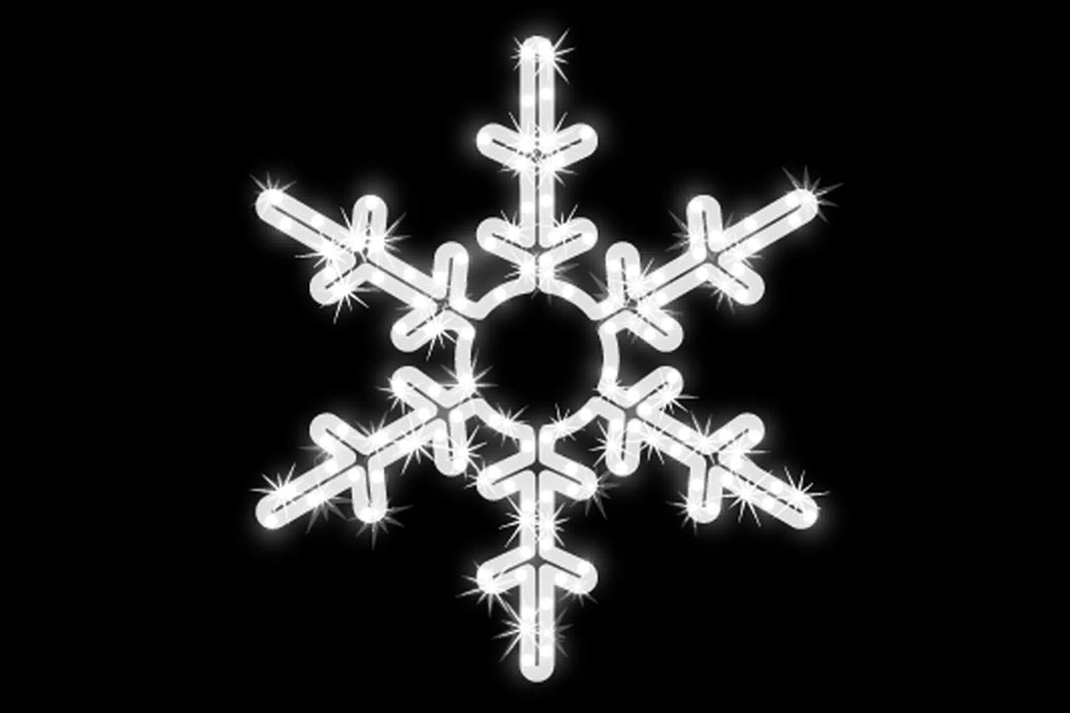 MK Illumination Lichtmotive QF+ – Snow Flake®, Classic Flake, Pentor®, Wega & Orion (2D-LED-Motive) – Classic Flake Schneeflocke Ø 55 cm · Brillantweiß (160-035) – Anwendung / Detail