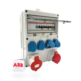 SANOS Wandverteiler SAN014 im grauen ABS-Gehäuse mit CEE 32A, CEE 16A und vier Schukodosen