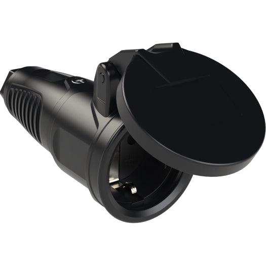 PCE Taurus Schuko-Kupplung 2522 in Schwarz, IP54, Federklappdeckel, 16 A, 250 V, 3-polig