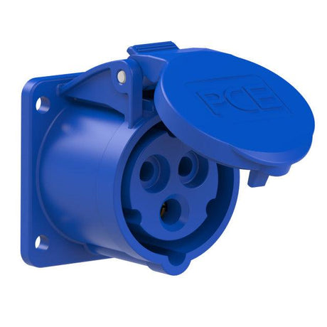 PCE CEE-Anbaudose 3-polig, 230 V, 16 A, IP44, blau, gerade Bauform mit Flanschdichtung, Gehäuse aus Kunststoff PA6