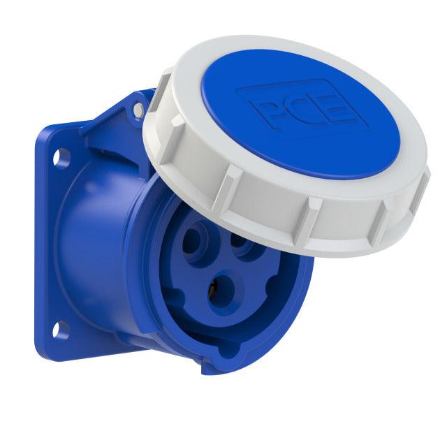 PCE CEE-Anbaudose 3132-6, 3-polig, 230 V, 16 A, IP67, blau, gerade Bauform, Flansch 75x75 mm mit Dichtung