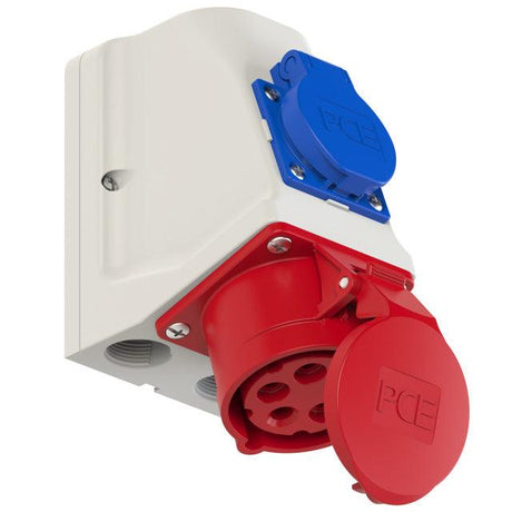 CEE-Wanddose PCE 9215-6 mit Schuko-Steckdose, 16 A, 5-polig, 400 V, Schutzart IP44, Wandmontage