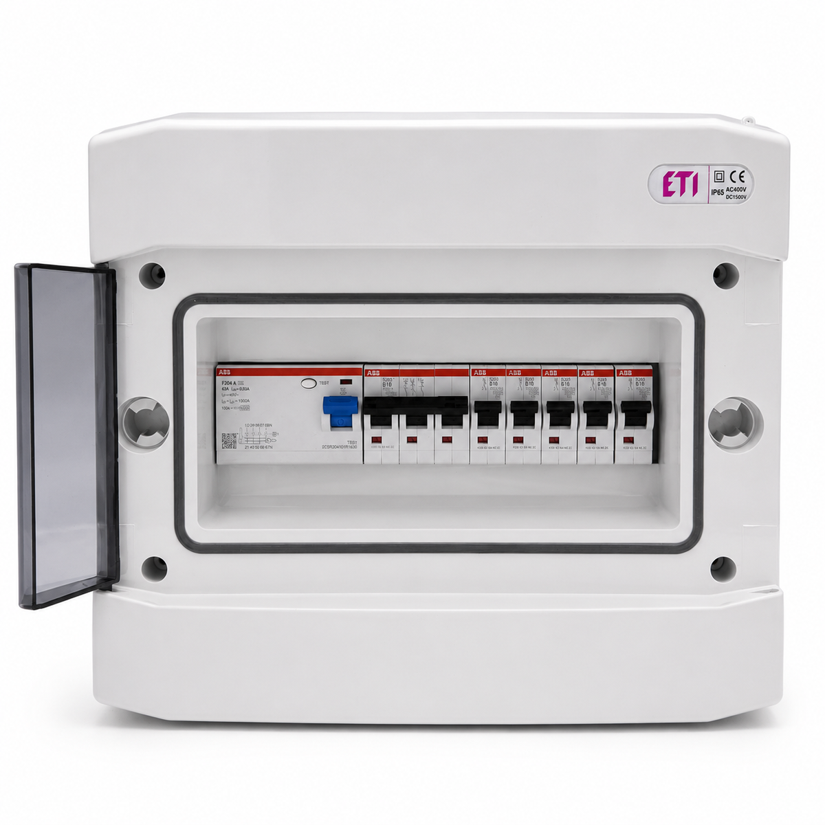 Aufputzverteiler IP65 bestückt - ABB FI + ABB B16 / C16 - inkl. Phasenschiene & N/PE-Klemme