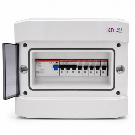 Aufputzverteiler IP65 bestückt - ABB FI + ABB B16 / C16 - inkl. Phasenschiene & N/PE-Klemme