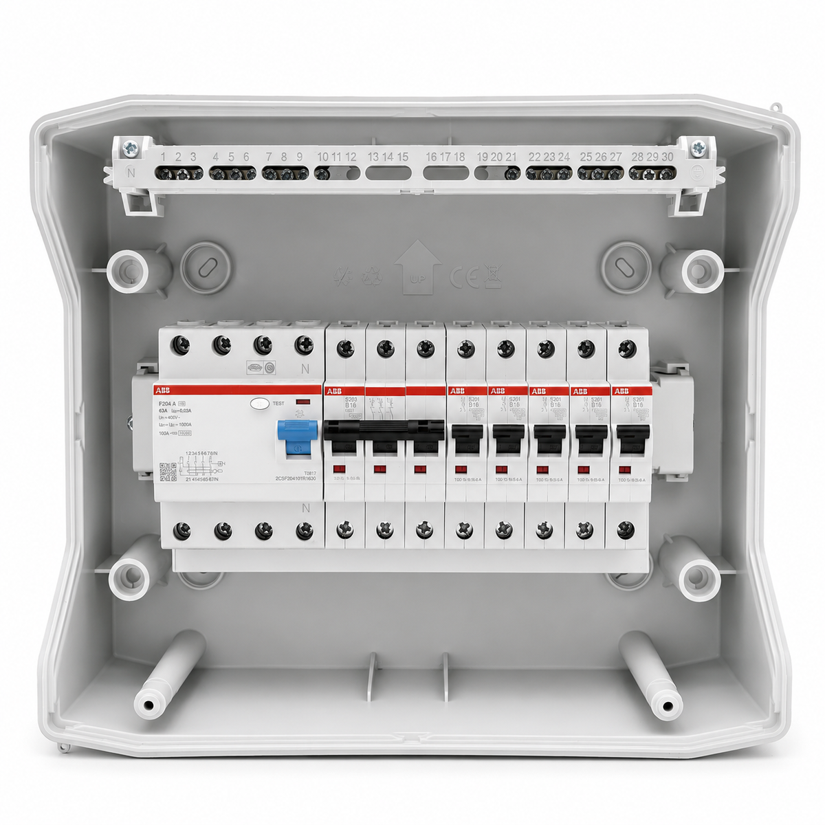 Aufputzverteiler IP65 bestückt - ABB FI + ABB B16 / C16 - inkl. Phasenschiene & N/PE-Klemme