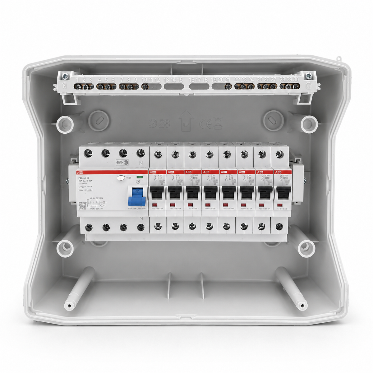 Aufputzverteiler IP65 bestückt - ABB FI + ABB B16 / C16 - inkl. Phasenschiene & N/PE-Klemme