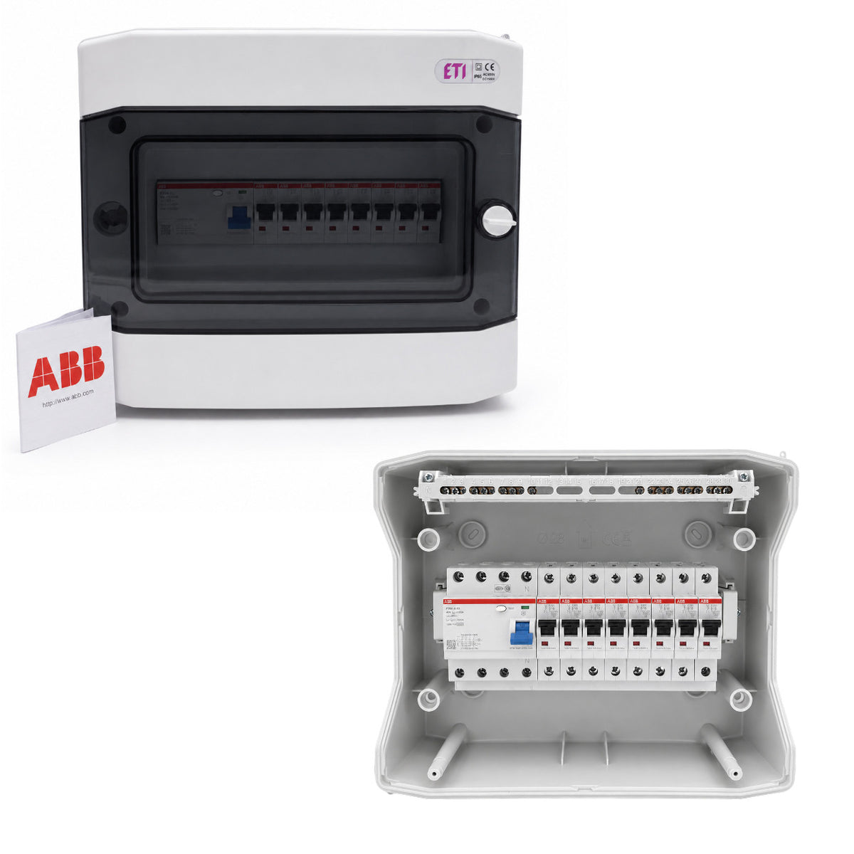 Aufputzverteiler IP65 bestückt - ABB FI + ABB B16 / C16 - inkl. Phasenschiene & N/PE-Klemme