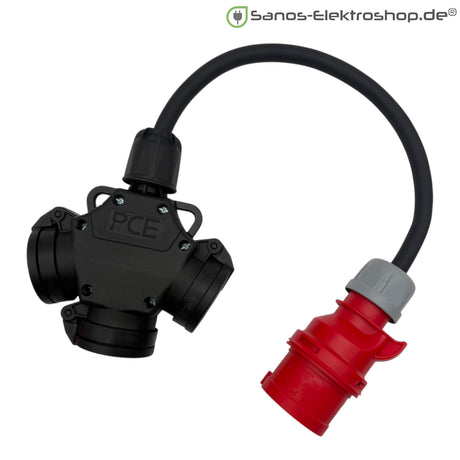 CEE-Adapter mit 5-poligem CEE-Stecker 16 A 400 V und dreifacher Schuko-Kupplung 230 V