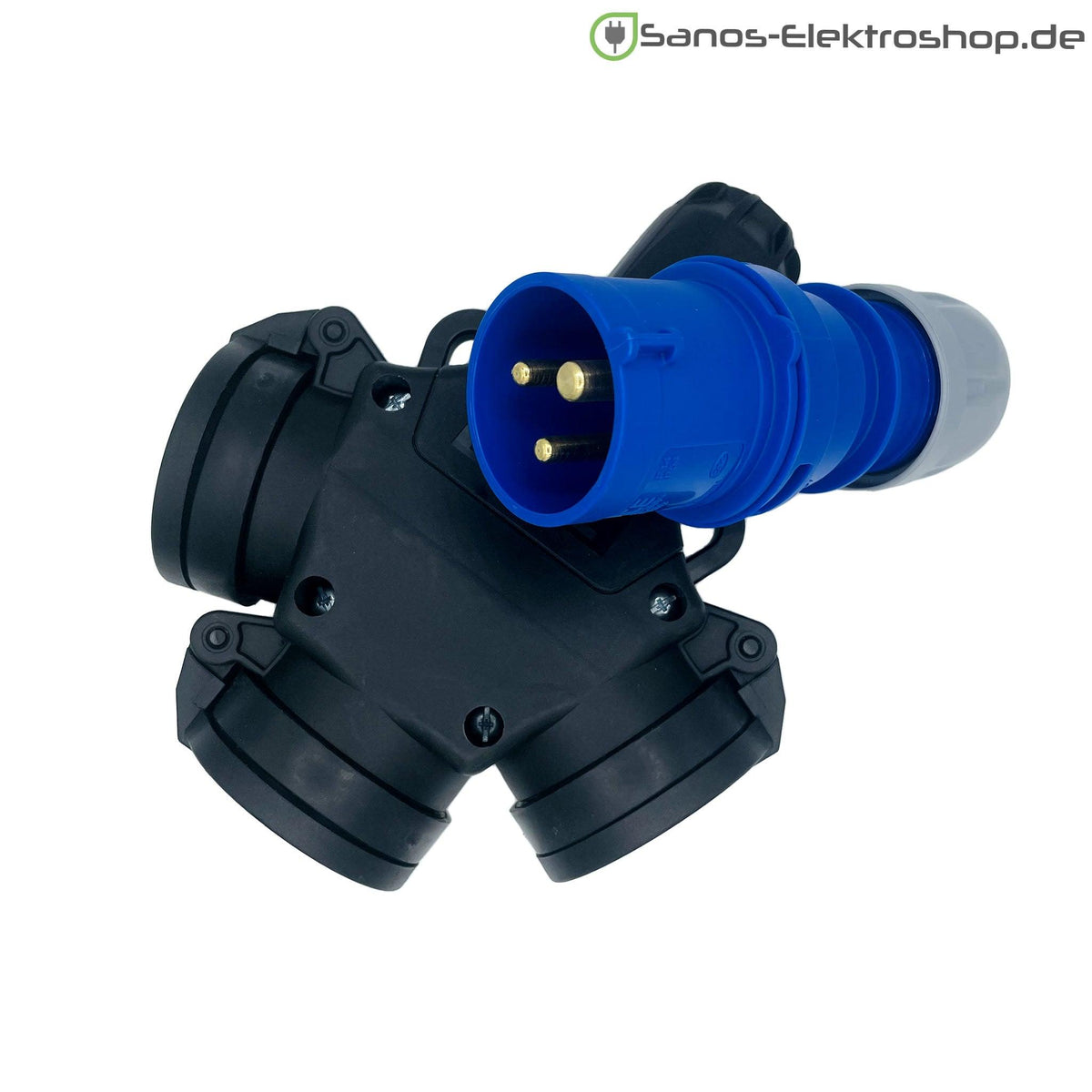Kombi-Kupplung 3-fach mit Schuko-Steckplätzen am CEE-Adapter 3-polig 16 A, Schutzart IP44