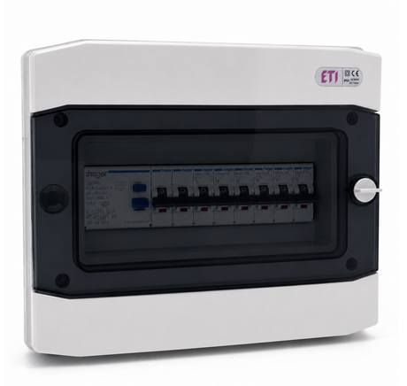 Aufputzverteiler IP65 bestückt - Hager FI + Hager B16 - inkl. Phasenschiene & N/PE-Klemme