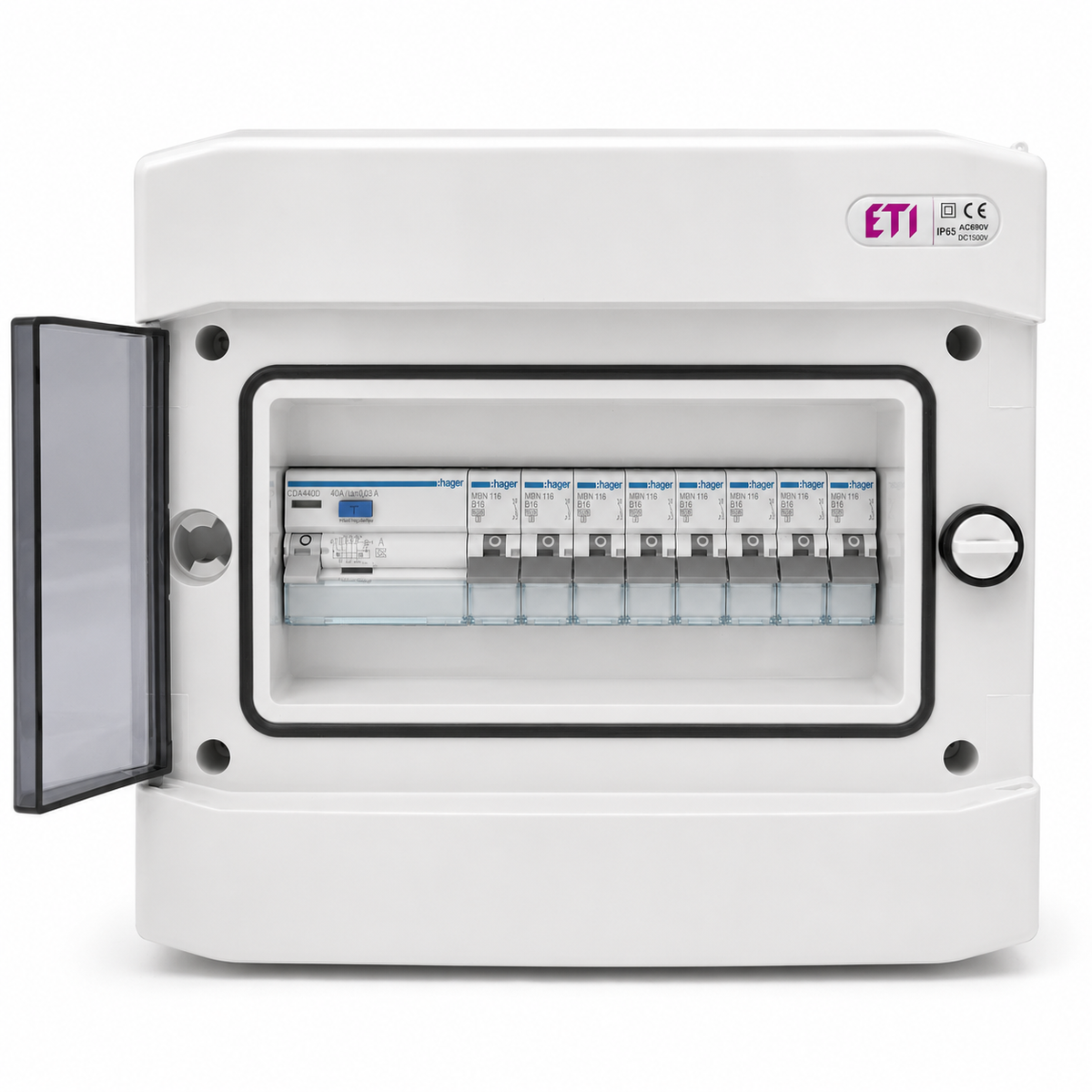 Aufputzverteiler IP65 bestückt - Hager FI + Hager B16 - inkl. Phasenschiene & N/PE-Klemme