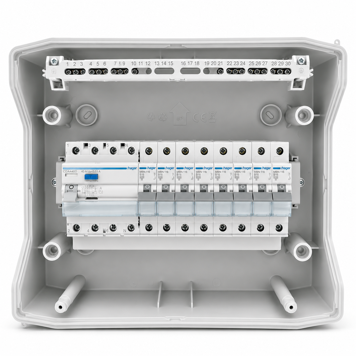 Aufputzverteiler IP65 bestückt - Hager FI + Hager B16 - inkl. Phasenschiene & N/PE-Klemme