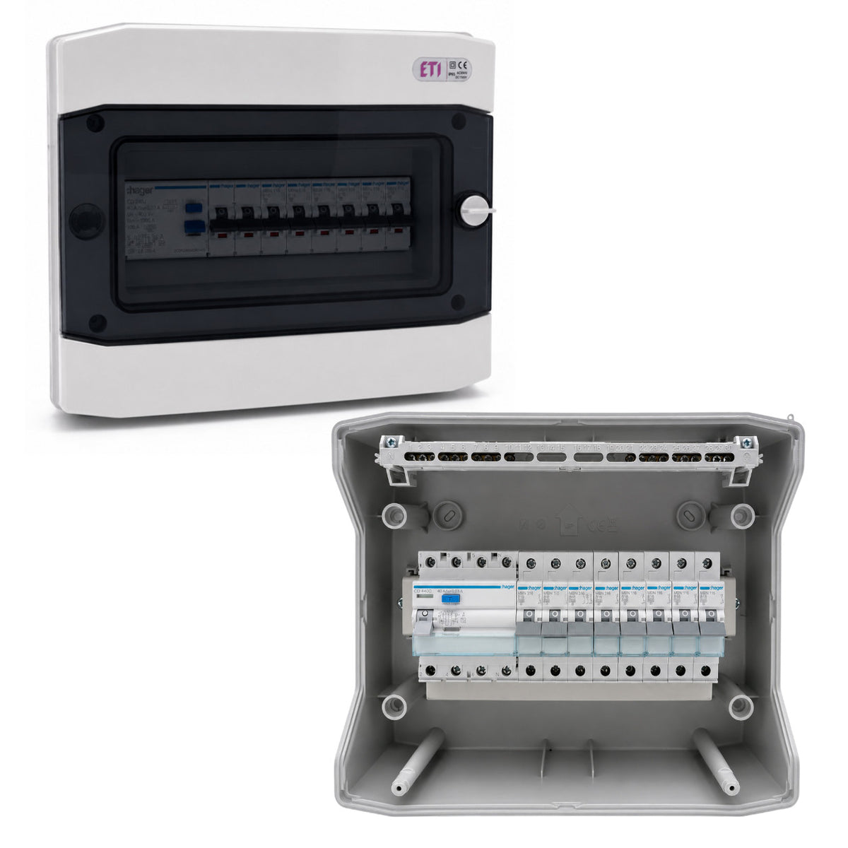 Aufputzverteiler IP65 bestückt - Hager FI + Hager B16 - inkl. Phasenschiene & N/PE-Klemme