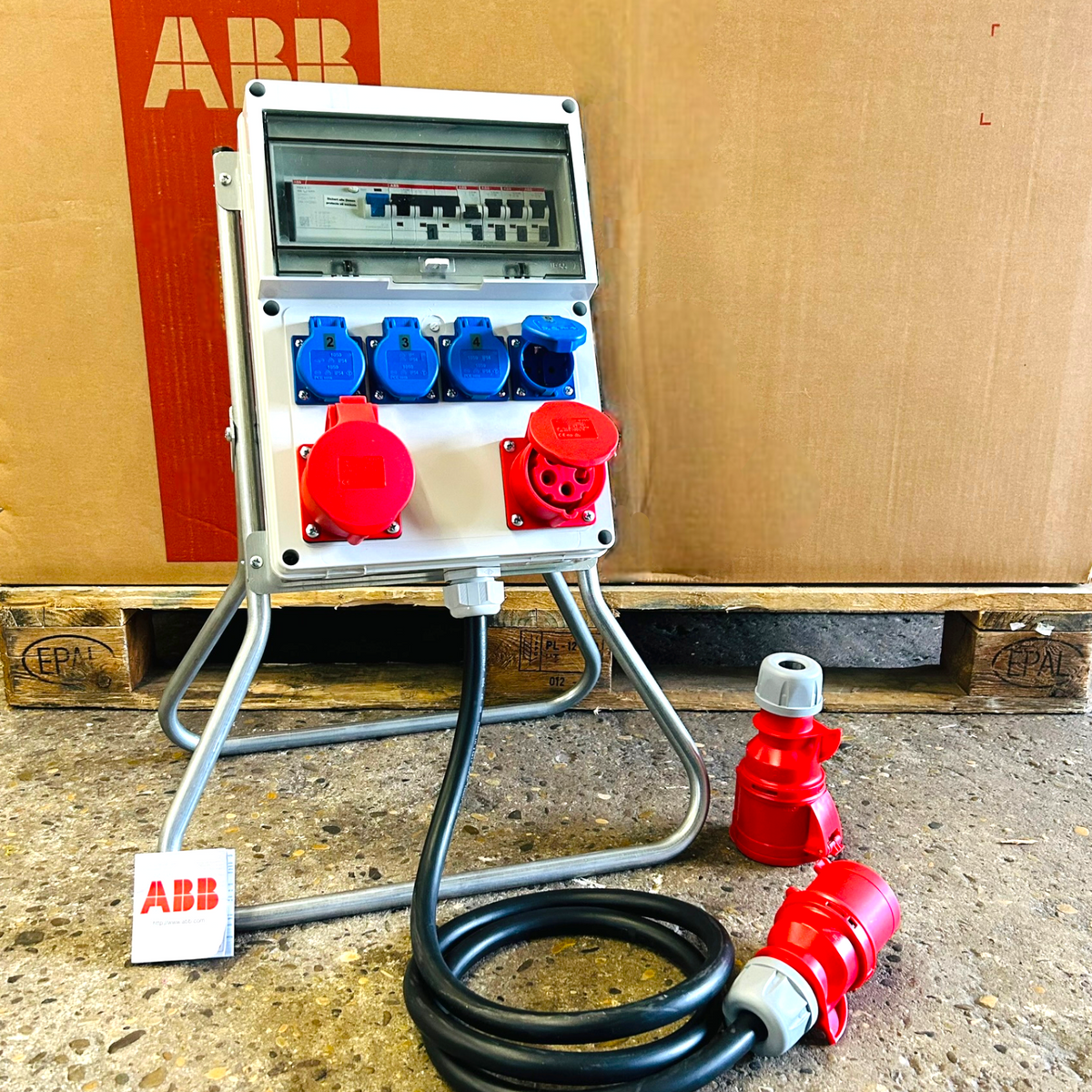 SANOS Standverteiler ABB/PCE - 1x CEE 32A 1x CEE 16A und 4x Schukodose mit FI & Zuleitung | SAN028