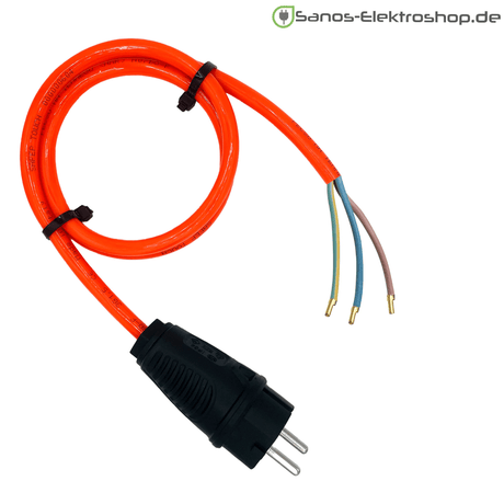Schuko-Anschlussleitung PUR H07BQ-F 3G2,5 mm², PCE Vollgummi-Stecker, IP44 – Ausführung in Leuchtorange