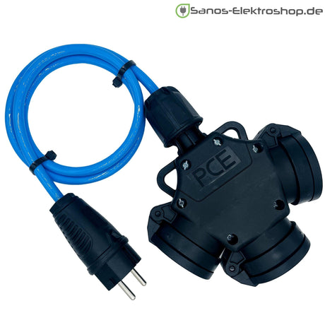 Schuko-Verlängerung mit 3-fach Kupplung, PUR H07BQ-F 3G1,5 mm², IP44 – Ausführung in Blau