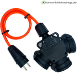 Schuko-Verlängerung mit 3-fach Kupplung, PUR H07BQ-F 3G1,5 mm², IP44 – Ausführung in Leuchtorange