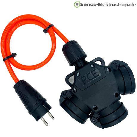 Schuko-Verlängerung mit 3-fach Kupplung, PUR H07BQ-F 3G1,5 mm², IP44 – Ausführung in Leuchtorange