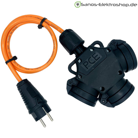 Schuko-Verlängerung mit 3-fach Kupplung, PUR H07BQ-F 3G2,5 mm², IP44 – Ausführung in Orange