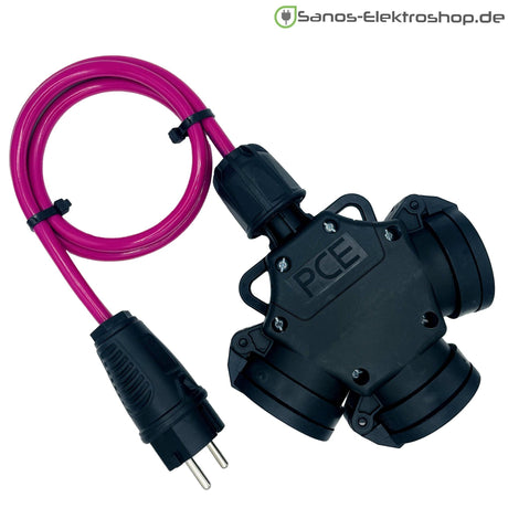 Schuko-Verlängerung mit 3-fach Kupplung, PUR H07BQ-F 3G1,5 mm², IP44 – Ausführung in Pink
