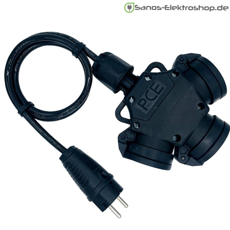 Schuko-Verlängerung mit 3-fach Kupplung, PUR H07BQ-F 3G1,5 mm², IP44 – Ausführung in Schwarz