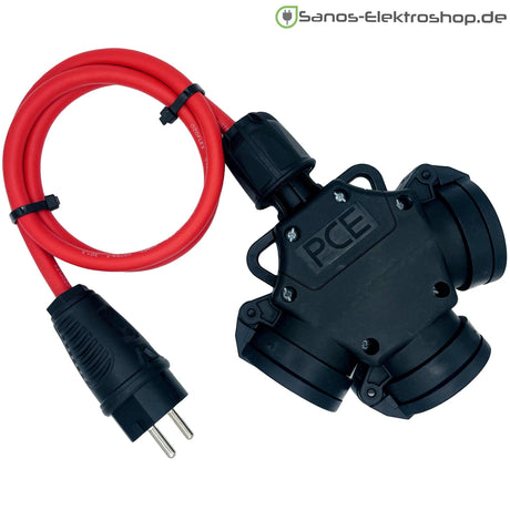 Schuko-Verlängerung mit 3-fach Kupplung, H07RN-F 3G1,5 mm², IP44 – Ausführung in Rot