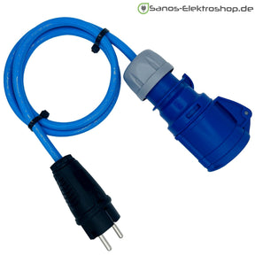 Camping-Adapter Schuko-Stecker auf CEE-Kupplung 3-polig 16 A 230 V, H07BQ-F 3G2,5 in blau