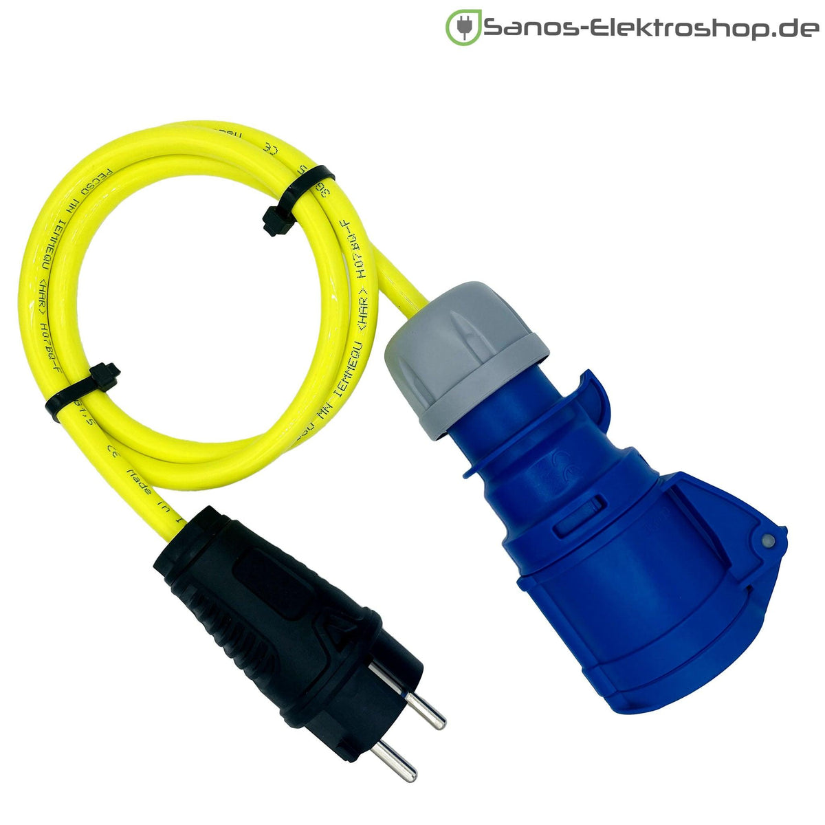 Camping-Adapter Schuko-Stecker auf CEE-Kupplung 3-polig 16 A 230 V, H07BQ-F 3G2,5 in gelb