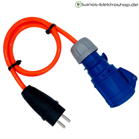 Camping-Adapter Schuko-Stecker auf CEE-Kupplung 3-polig 16 A 230 V, H07BQ-F 3G2,5 in leuchtorange