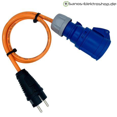 Camping-Adapter Schuko-Stecker auf CEE-Kupplung 3-polig 16 A 230 V, H07BQ-F 3G2,5 in orange