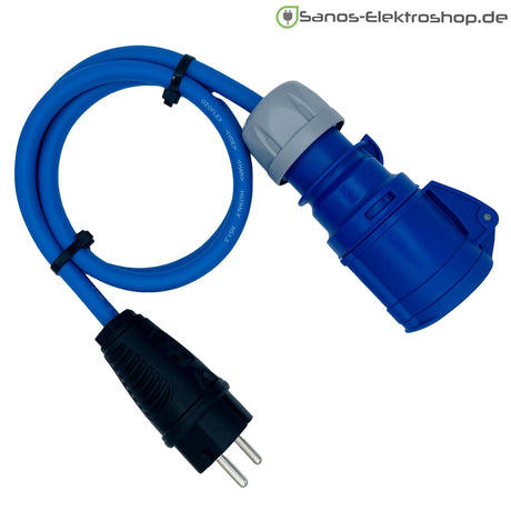 Camping-Adapter Schuko-Stecker auf CEE-Kupplung 3-polig 16 A 230 V, H07RN-F 3G2,5 in blau