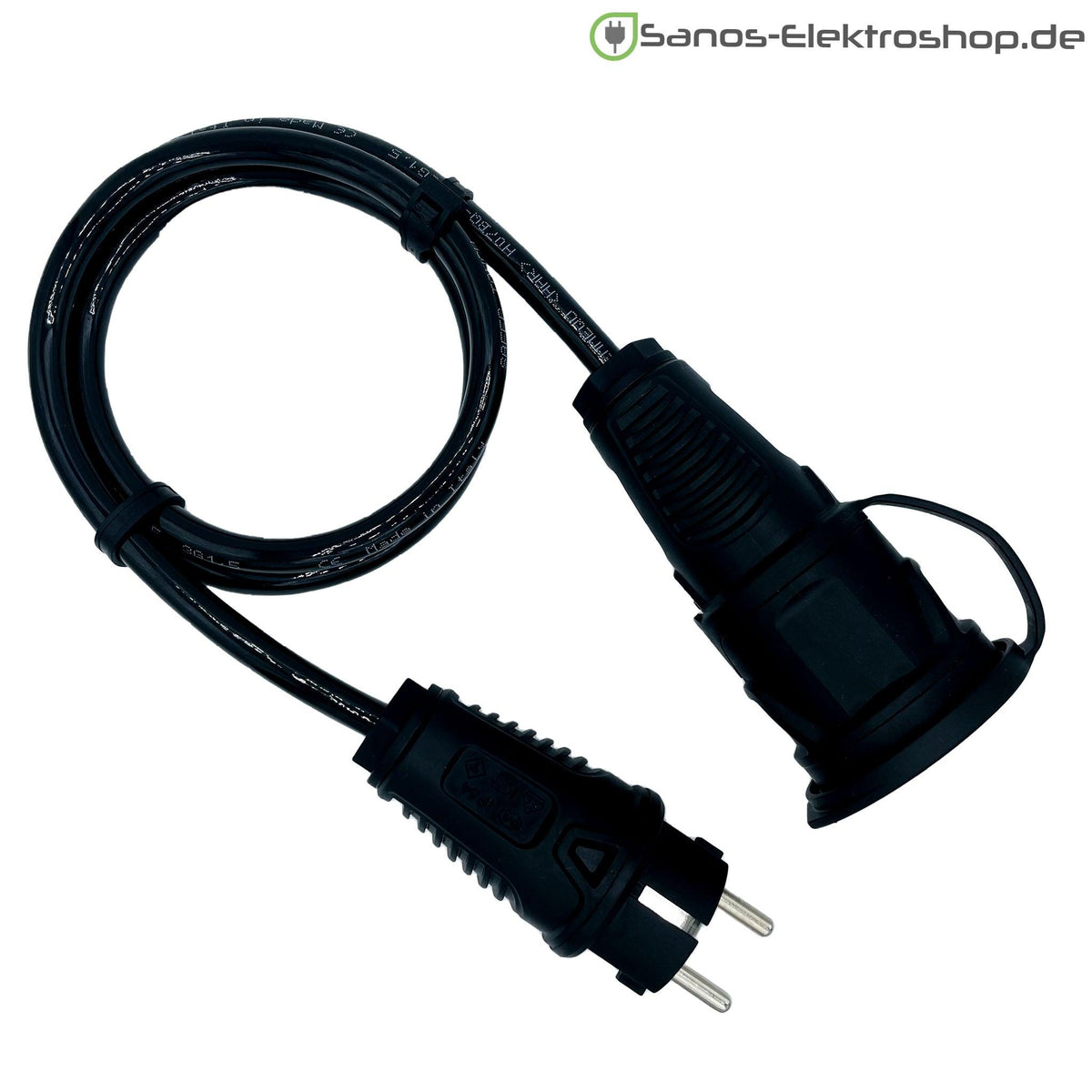 Schuko-Verlängerung mit Deckel am Band, PUR H07BQ-F 3G1,5 mm², IP44 – Ausführung in Schwarz