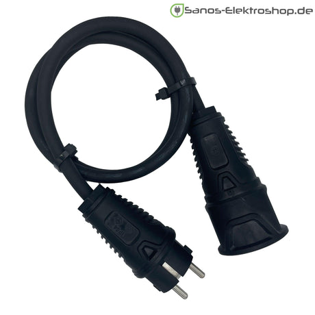 Schuko-Verlängerung ohne Deckel, Gummileitung H07RN-F 3G2,5 mm², PCE Vollgummi – Ausführung in Schwarz