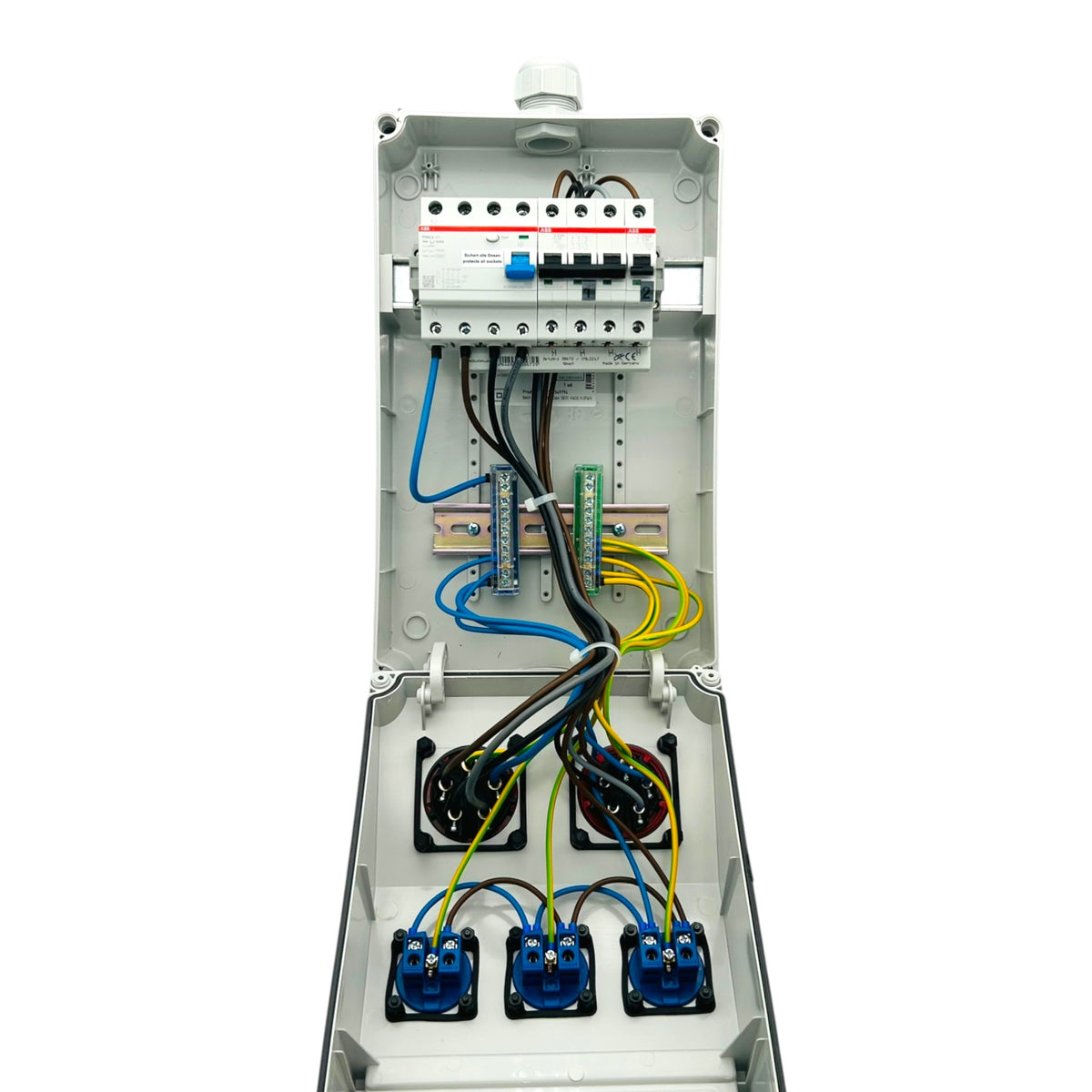 SANOS Wandverteiler ABB/PCE - 1x CEE 32A 1x CEE 16A und 3x Schukodosen mit FI | SAN037